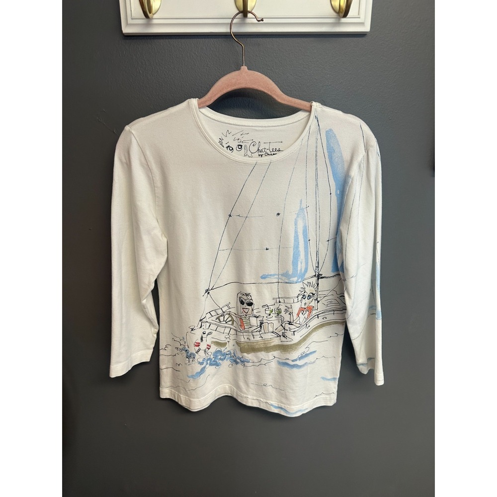 Chico's Chat-Tees Womens M Graphic 3/4 Sleeve Top Chicos 1 Vacation Beach Boat